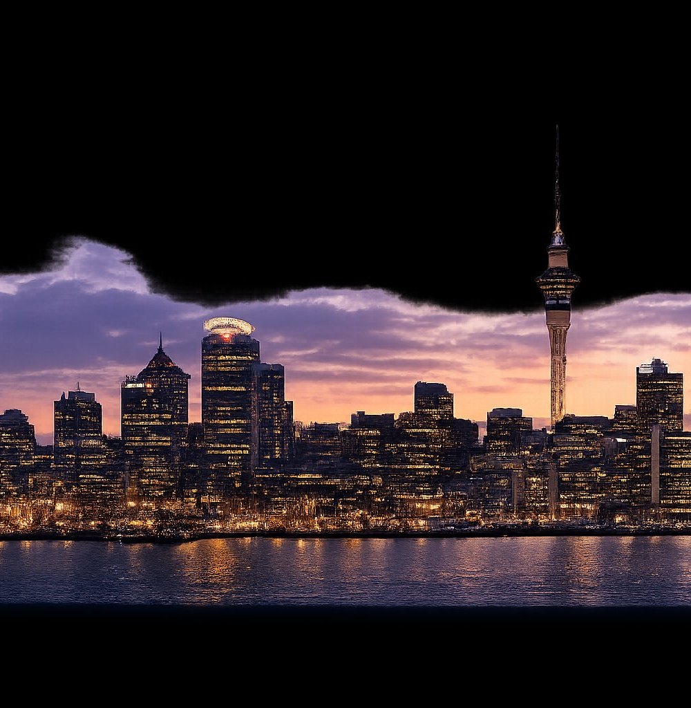 Auckland city skyline at dusk, with the lit Sky Tower against a sunset sky over the harbour